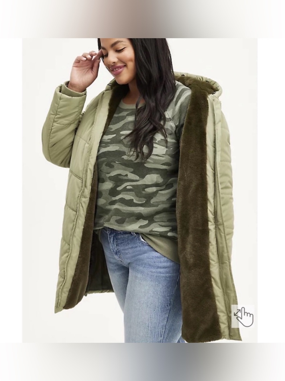 Torrid Olive Green Faux-Fur Trim flare Puffer Jacket size 2 - Picture 5 of 16